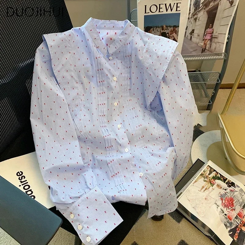 

DUOJIHUI Blue Summer Chic Dot Stand Neck Women Shirt French New Basic Long Sleeve Fashion Spell Color Casual Simple Female Shirt