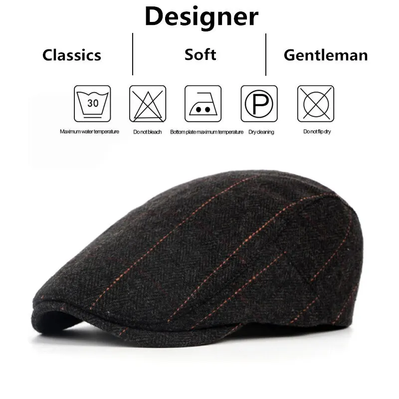 Casual Hat Retro Newsboy Caps Men British Painters Autumn Winter Berets Herringbone Grid with Red Line Flat Cap Hip Hop