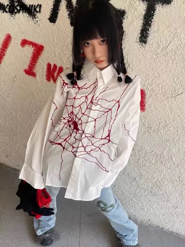 Harajuku Vintage Red Cobweb Embroidery Long Sleeve Blouse Women White Tops Shirts Y2k Aesthetic Grunge Blusas Blouses Shirt telescopic cleaning duster extended long crevice cobweb duster long handle microfiber dusters scratch resistant household clean