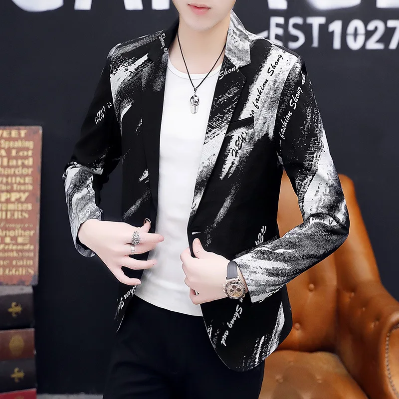 Fashion Printed Men Suit Jacket Single Button Long Sleeve Young Man Clothing Yellow Black White Casual Male Slim Fit Blazer Coat