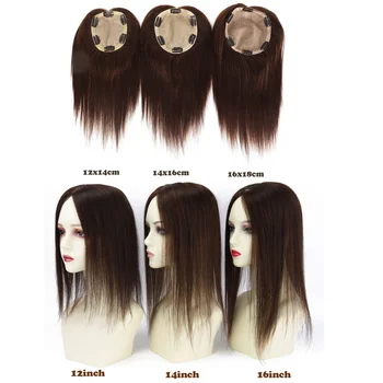 Parrucchino in Seta Marrone Annodato a Mano con Base in PU, Topper in Capelli Umani Veri, Effetto Cuoio Capelluto Realistico, Traspirante, con Clip per Donna