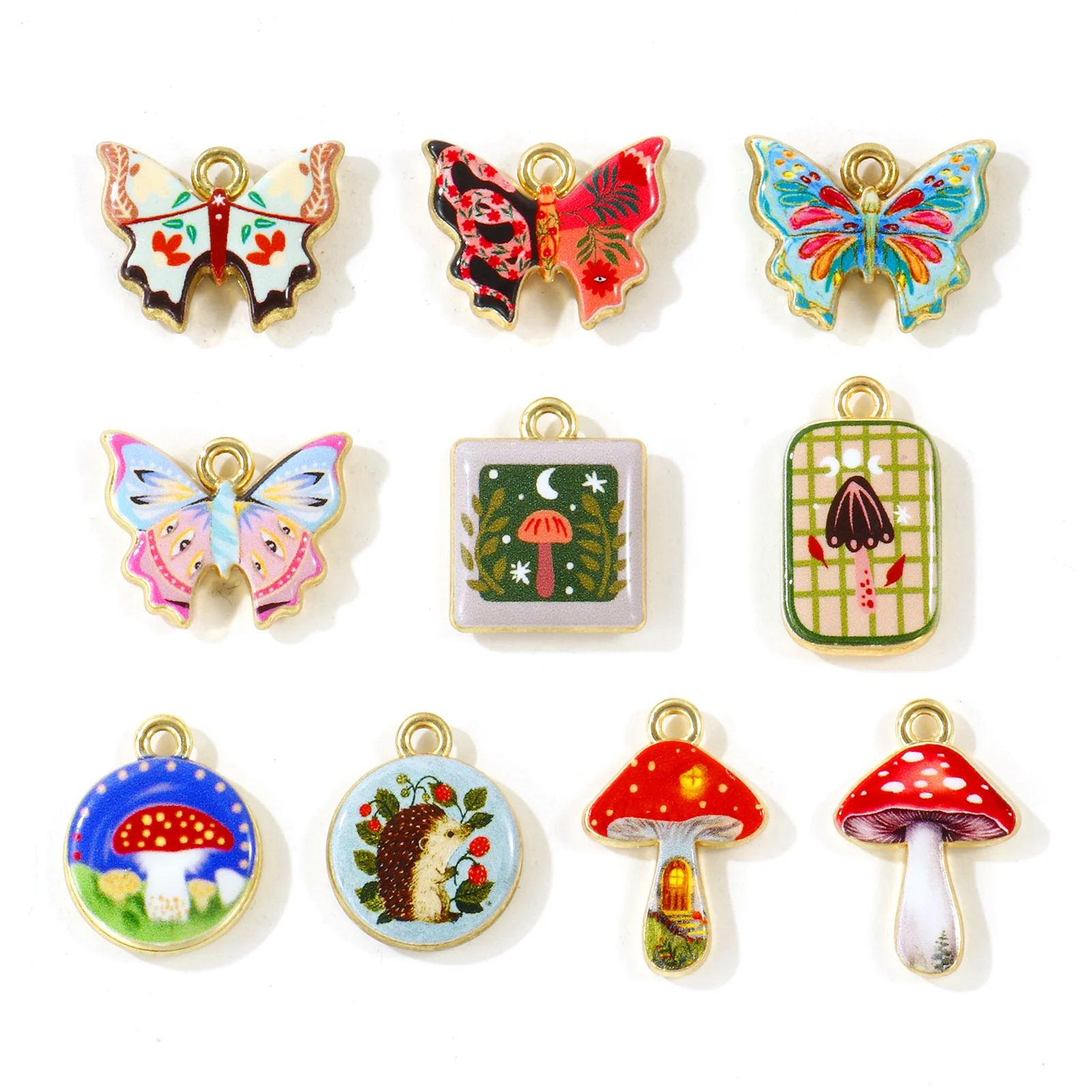5 Stück mehrfarbige, doppelseitig bedruckte Anhänger aus Zinklegierung in Form von Schmetterlingen und Pilzen für Frauen, DIY-Halsketten-Schmuck-Geschenkzubehör