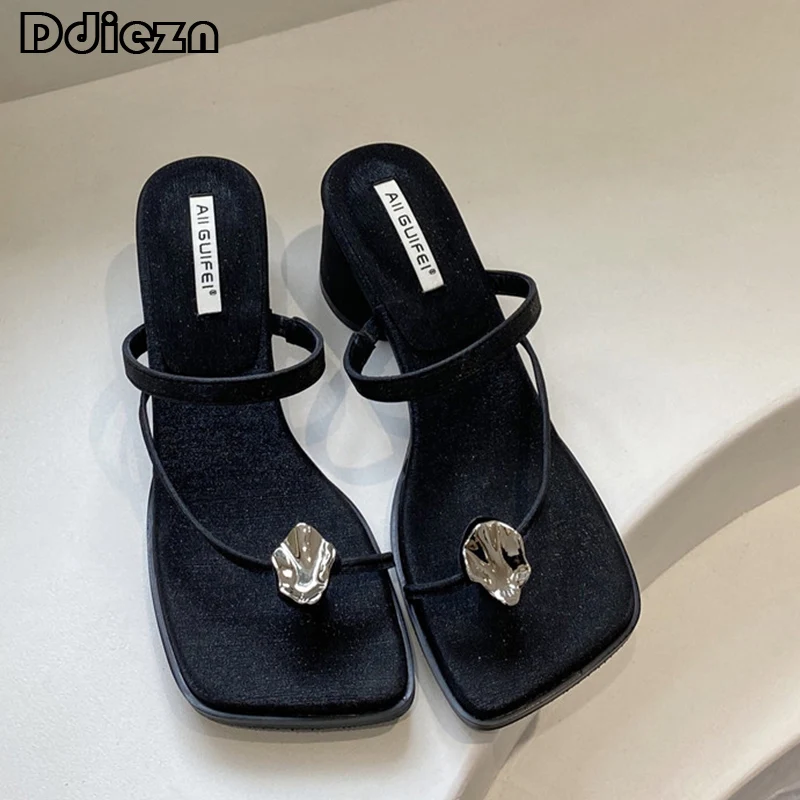 

2023 Women Pumps Flip Flops Female Shoes High Heels Summer New In Fashion Ladies Sandals Square Toe Metal Slides Footwear