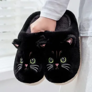 Winter Home Slippers Women Shoes Cute Cartoon Cat Slippers Men Warm Plush Slides Indoor Bedroom Non-Slip Floor Slipper 1