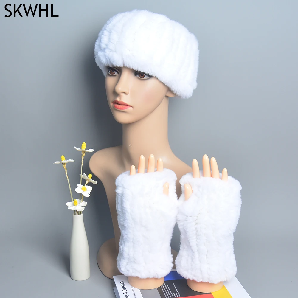 

New Autumn Winter Caps Female Hats Cuffs Set Fashion Warmth Imitation Quality Design Real Fur Hat Rex Rabbit Fur Sleeves Suit