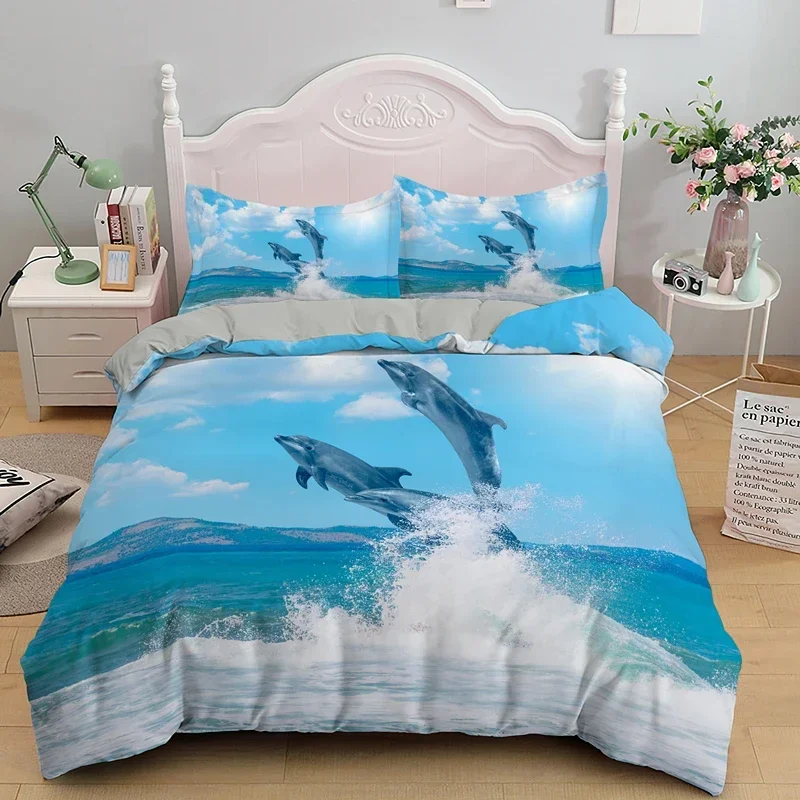 3D Dolphin In Blue Sea Queen King Size Bedding Sets Animal Single Quilt Duvet Cover Set Kids Adult Bed Polyester Bedclothes