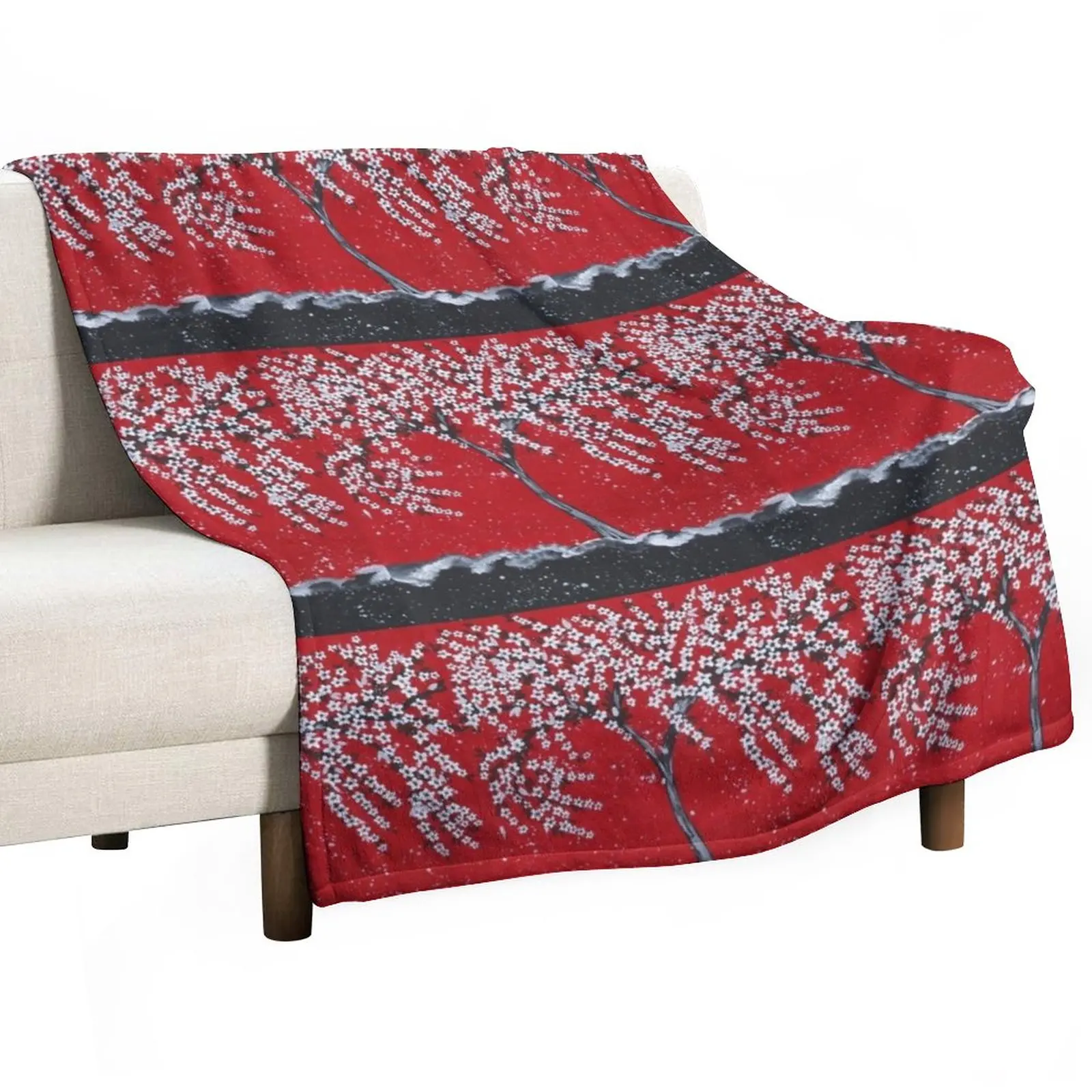 

White Sakura- in Red and Black with Grey and White Throw Blanket Fluffy Shaggy Blanket Winter bed blankets Multi-Purpose