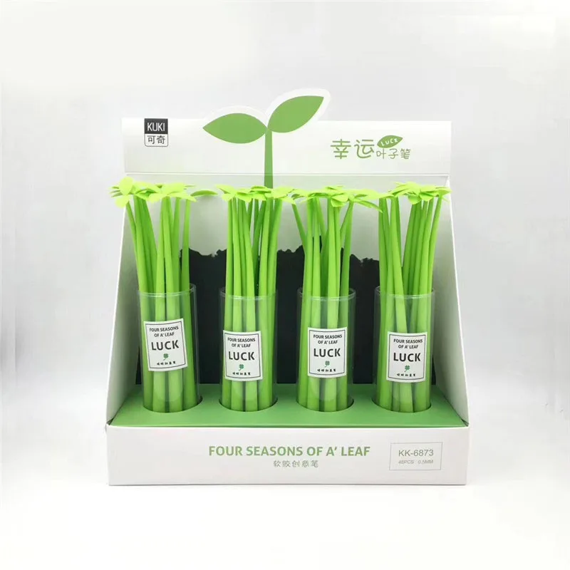 4pcs 0.5mm Black Ink Lucky Leaf Lovely Gel Pen Creative Green Leaf Little Bud Pen for School & Office Writing Supplies