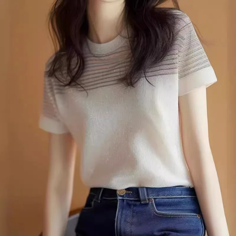 

Sparkling Striped Short Sleeved T-shirT For Women In Summer, French Style, Light Luxury Design, A And UniqUe Top