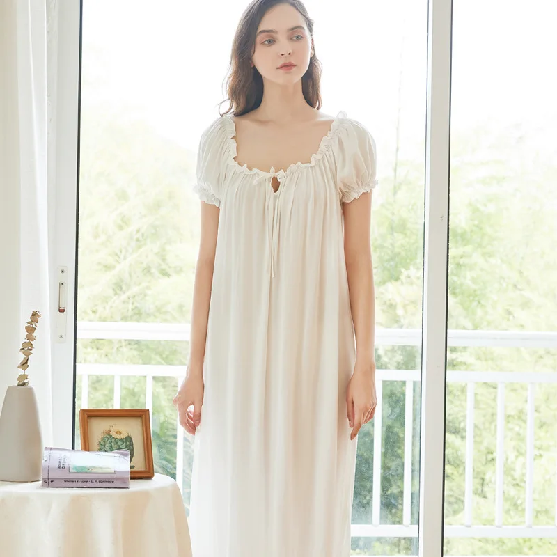 Hot Sale Womens Long White Pink Nightgown Short Sleeve Lounge Summer Nightdress Elegant Vintage Loose Sleepwear Nightwear Gown