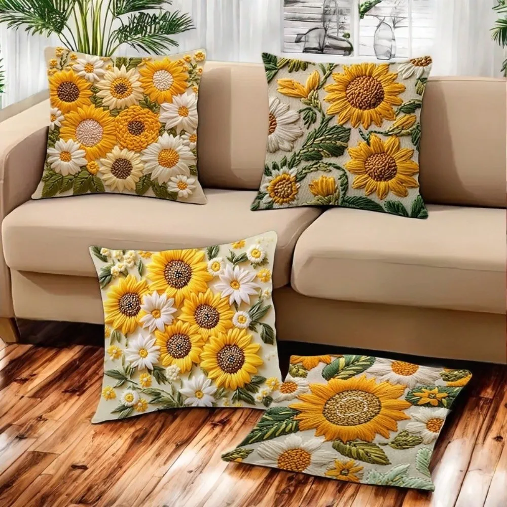 Four sunflower pillow designs styled around a sofa
