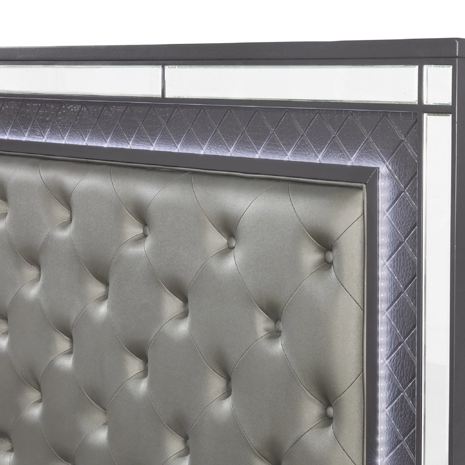 Modern Glam Style Upholstered Headboard Button Tufting Glass Inlay 1pc King Size Panel LED Lights Bed Gray Faux Leather Finish S 3