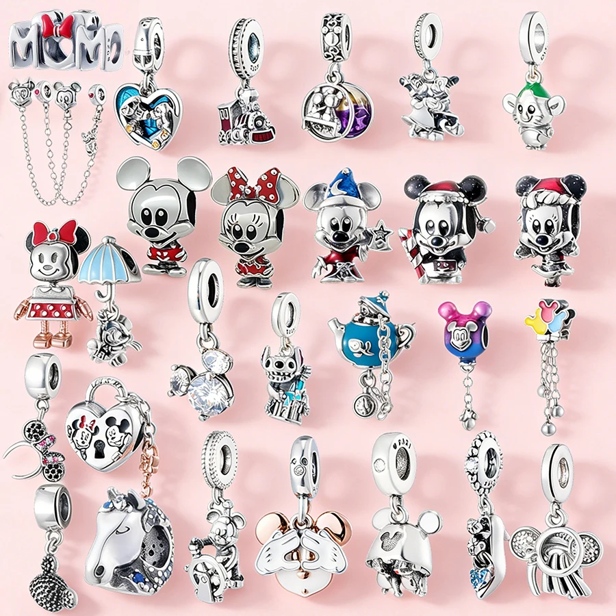 2026 Bestseller 925 Silber MINISO Mickey Minnie Charm-Perlen, Rote Emaille Weihnachts-Liebesherz-Perle, Damen DIY Cartoon Schmuck Geschenk
