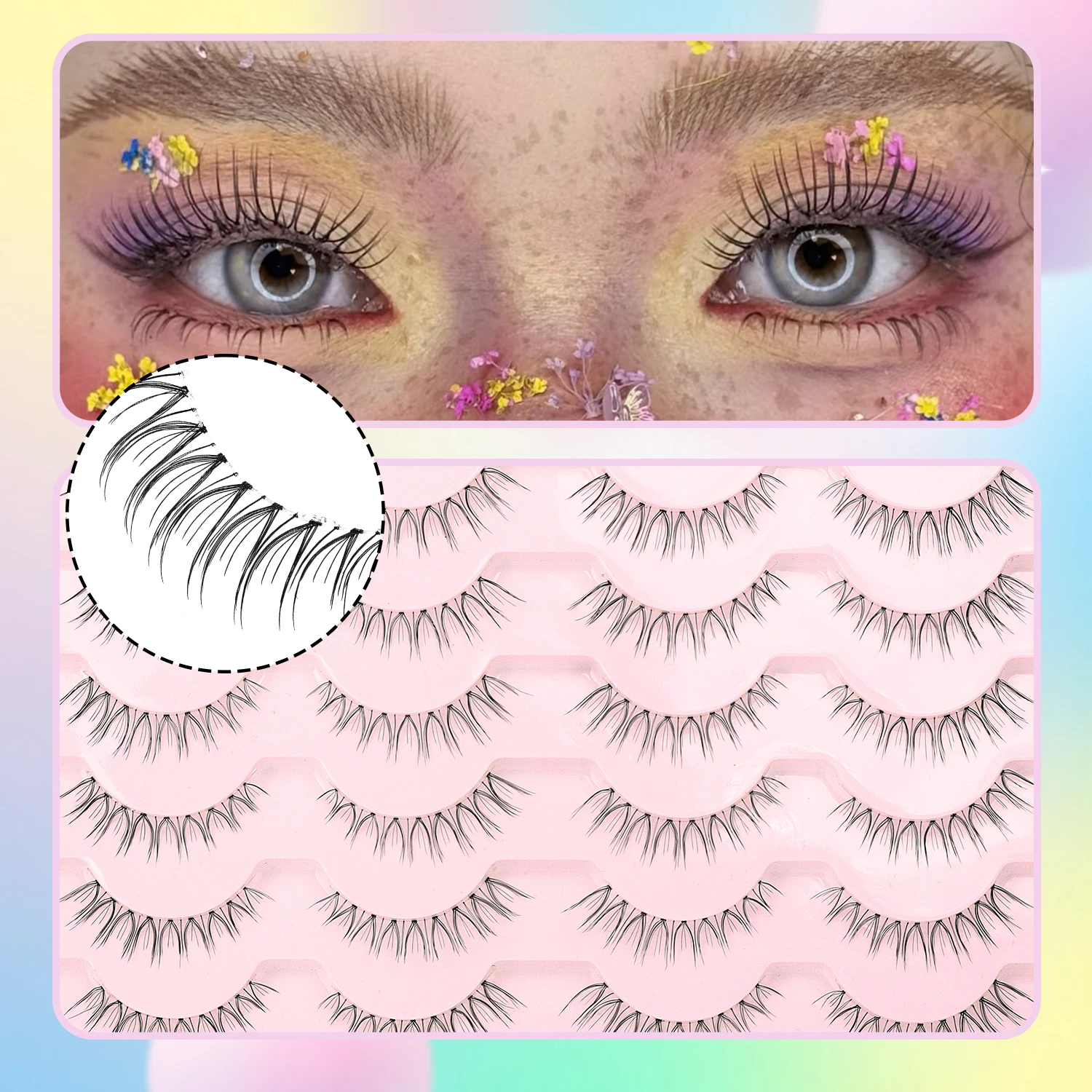 14 Pairs of Natural False Eyelashes in U-shaped Female Group Design with Transparent Band Design and Korean Cartoon Eyes and Han