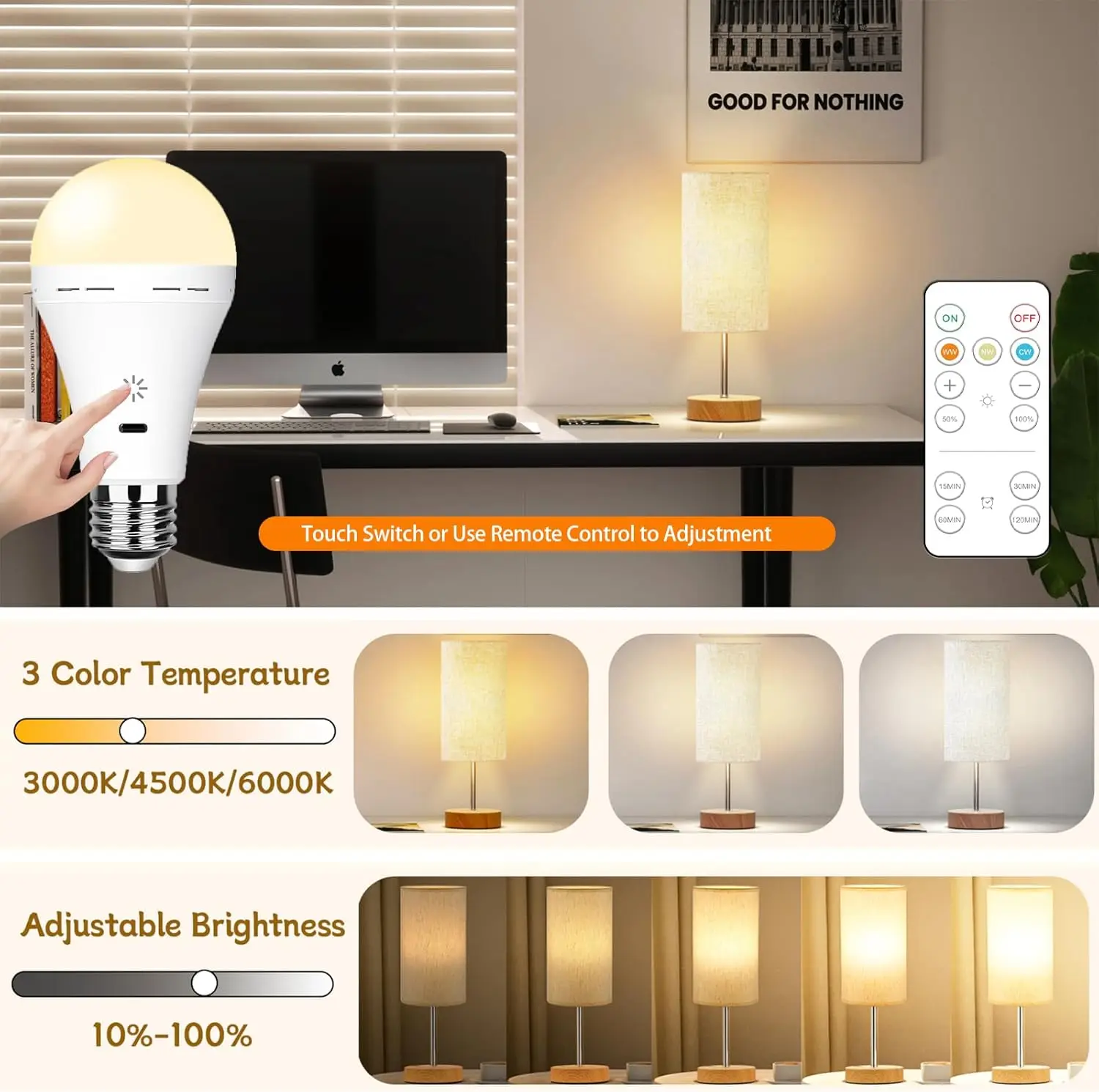 Smart Rechargeable Dimmable Light Bulbs with Remote and Timer Function