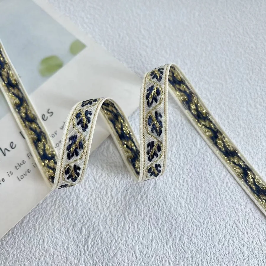에스닉 스타일 웨빙 우븐 자카드 리본 잎 꽃, 의류 액세서리, LS-2249 너비 1.3 cm, 50 야드/로트