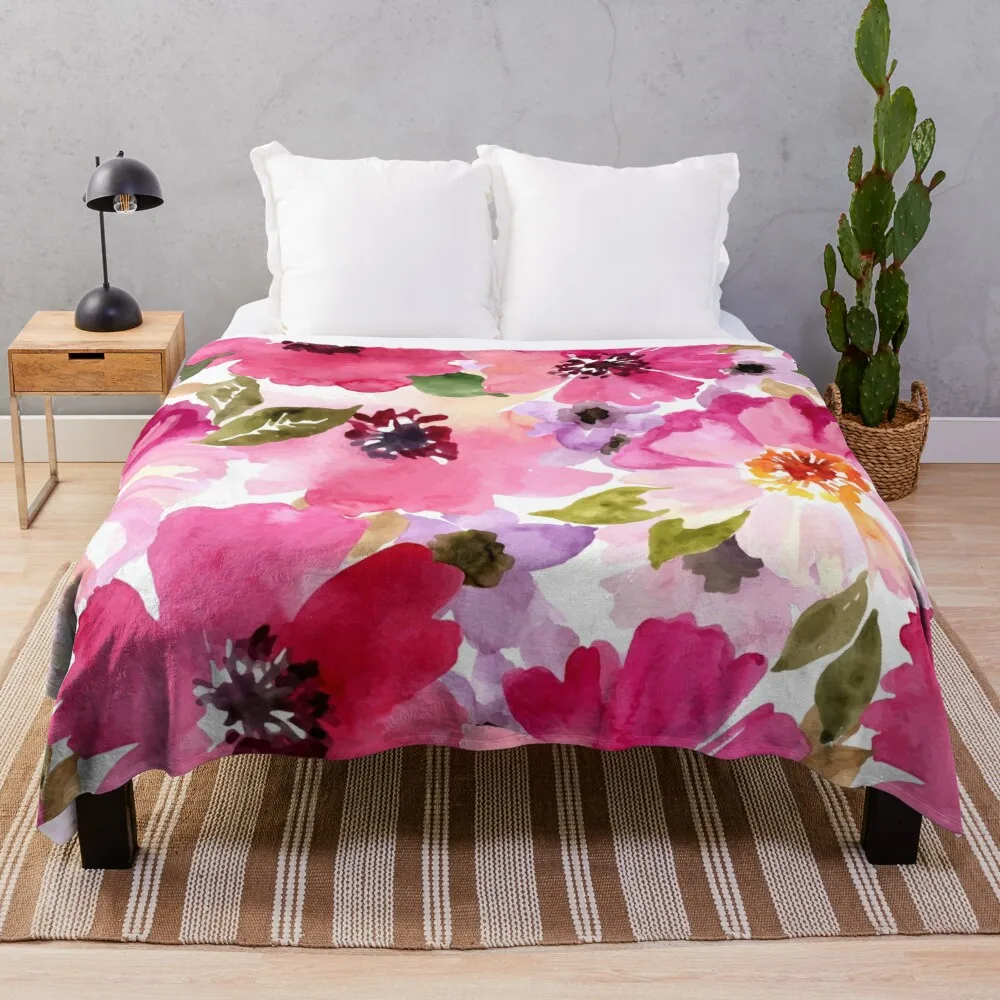

Watercolor Flowers Pink Fuchsia Throw Blanket Warm Blanket Loose Blanket