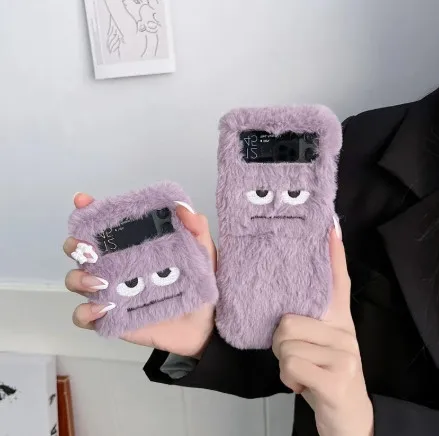 Mignon drôle fourrure moelleux monstre coque souple pour Samsung Galaxy Z Flip 6 5 4 3 Zflip Flip6 Flip5 Flip4 femmes couverture en peluche accessoires
