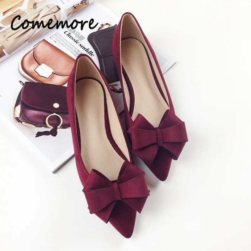 

Comemore Women Wedding Shos Flock Leather Big Bowknot Solid Color Shallow Mouth Red 2023 Autumn New Bow Pointed Toe Flat Shoes