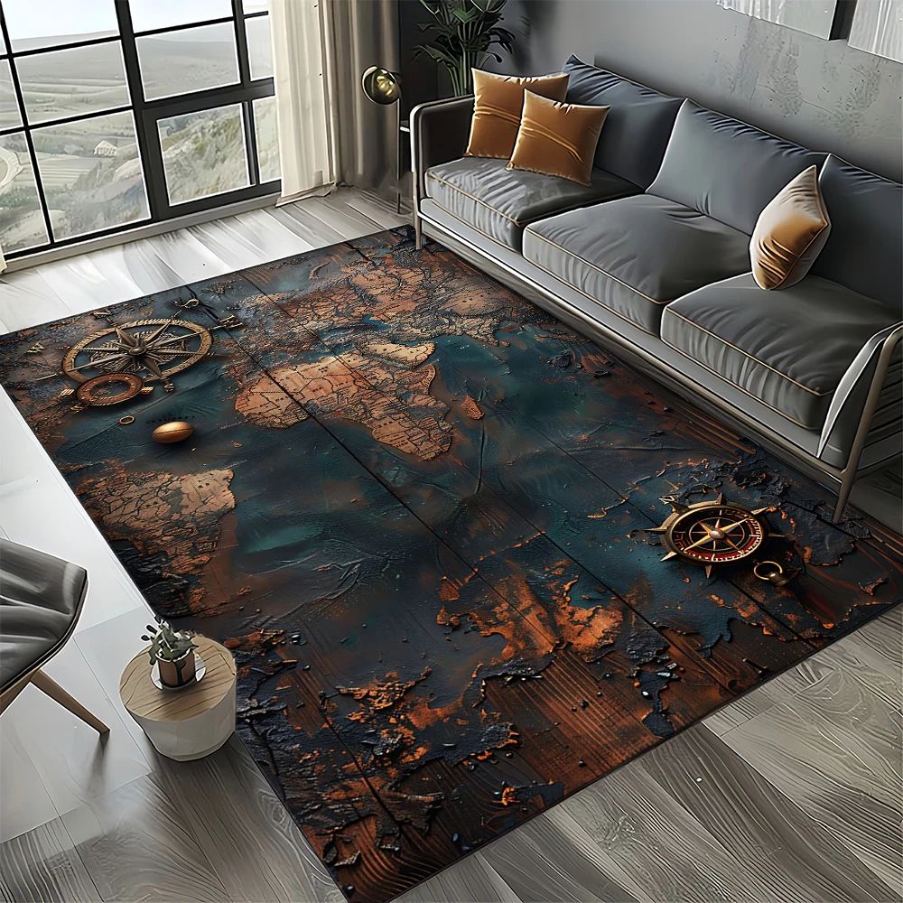 Nautical Map Rug – Retro Marine Compass Carpet | Non Slip Floor Mat for Living Room