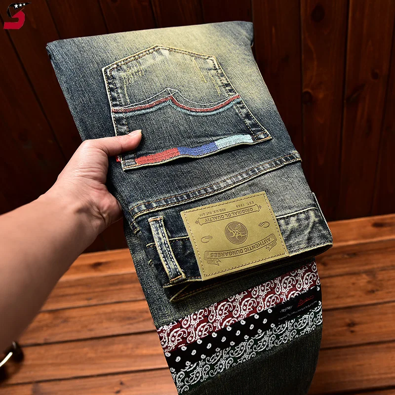 Fashionable High-End Jeans Men's Retro Nostalgic Stitching Trendy Printed Slim Straight 2024 Autumn New Denim Long Pants 3