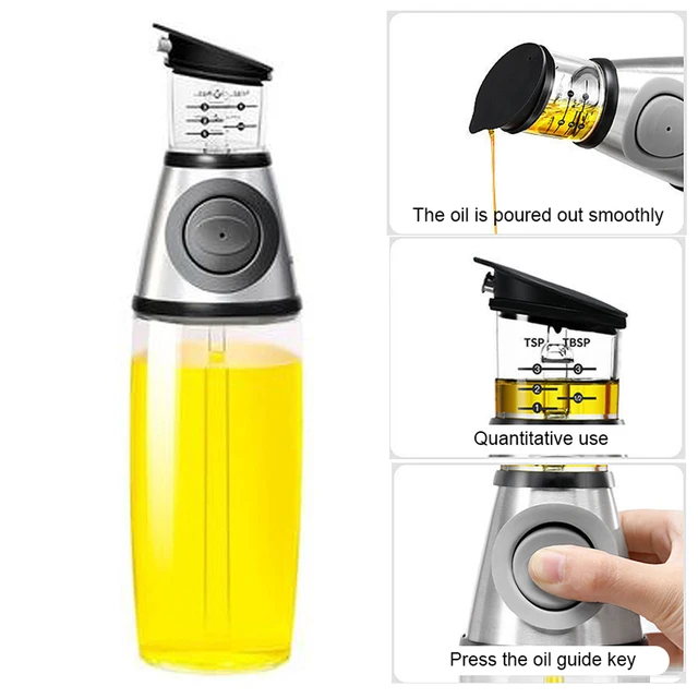 Deyuer 250/500ml Oil Dispenser Bottle with Measuring Transparent Wide  Opening Press Button Food Grade Oil Storage Leakproof No Back-flow Cooking  Vinegar Container Kitchen Tool,Silver 