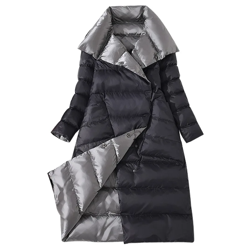 

Black White Duck Padded Reversible Clothes Puffer Outwear Women Winter Long Coat Knee Length Parka Funnel Neck Slim Overcoat