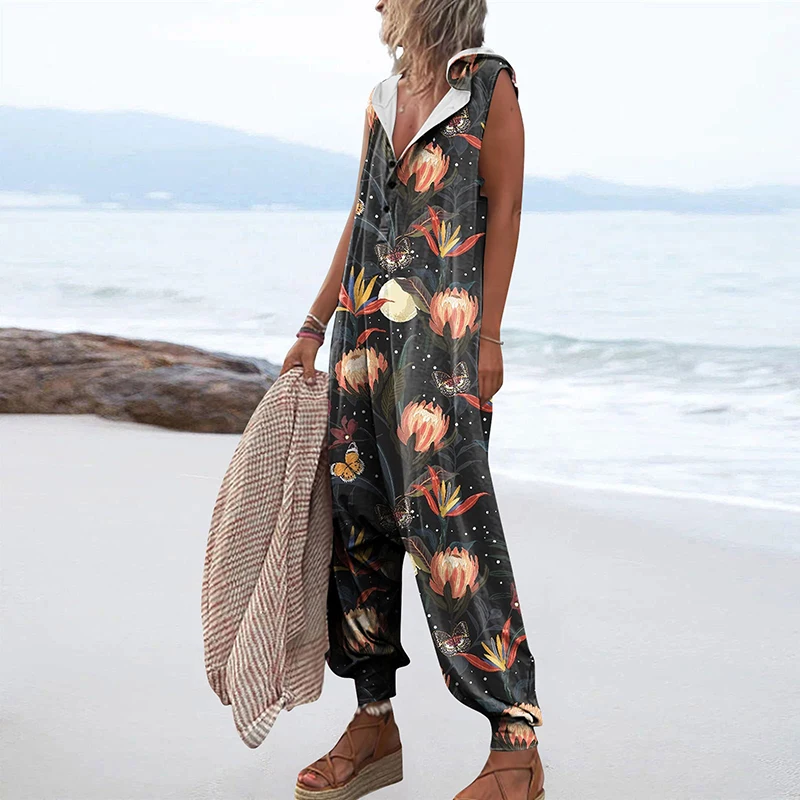 Summer Fashion Pattern Printed Baggy Pants Jumpsuits Casual Button Sleeveless Hooded Rompers Beach Loose Women Playsuit Overalls