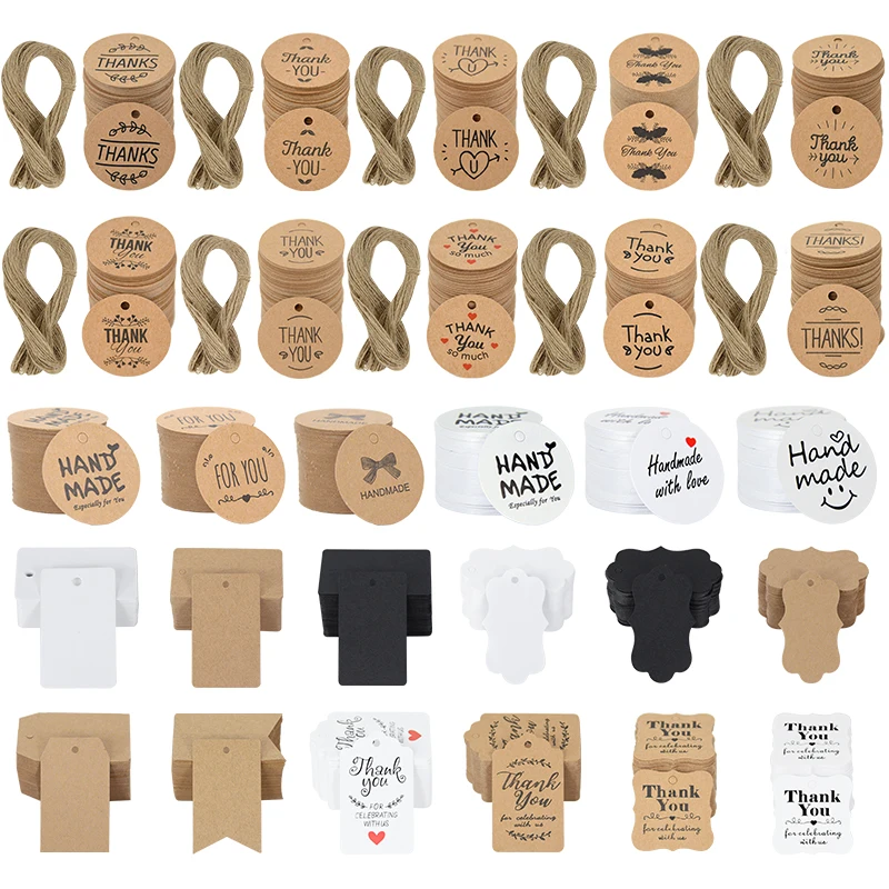 Bulk Set of 100 Handmade Kraft Paper Gift Tags with Hemp Ropes