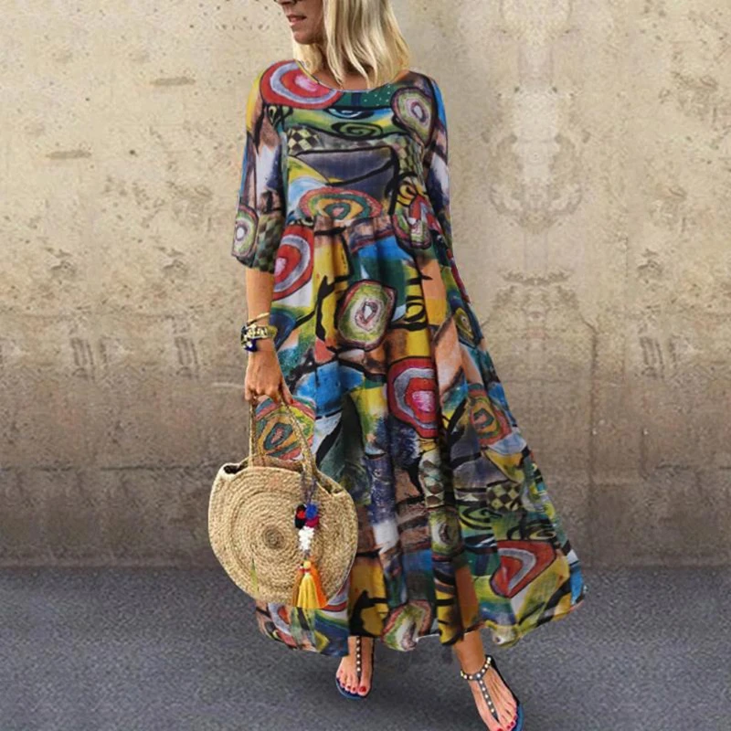 Fashion New Spring Summer Bohemian Style Women's Short Sleeve Loose Dress Fashion Vintage Street Ladies Casual O Neck Long Skirt