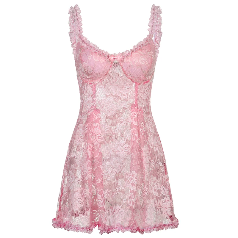 IAMHOTTY See Through Lace Kawaii Dress Pink Transparent Sleeveless Lolita Mini Dresses Fairycore Aesthetic Sundress Y2K Outfit