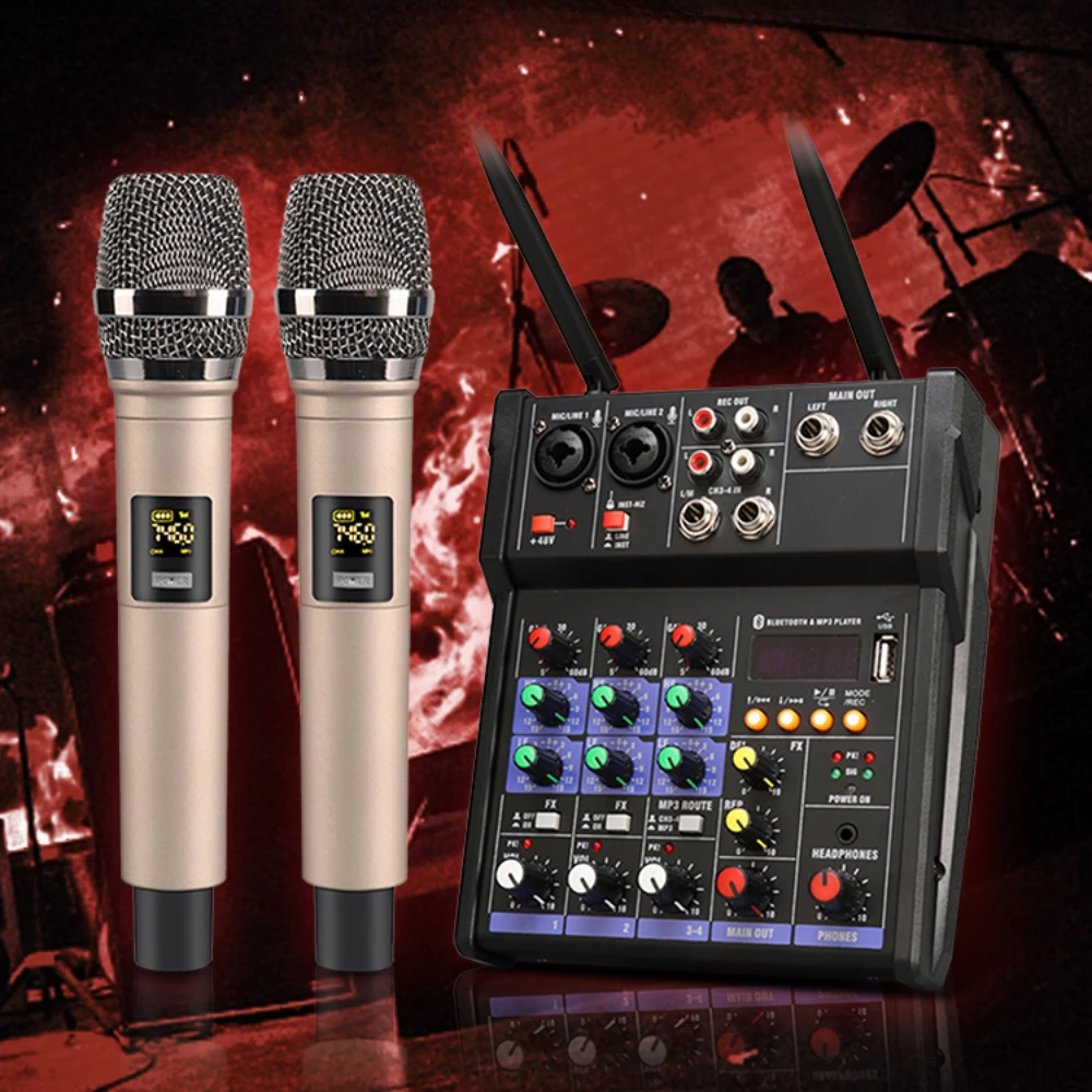 Audio Mixer Console with Microphone Portable Mini 4 Channel Sound Card Mixer Soundcard Amplifier Karaoke Dynamic Condenser Hot