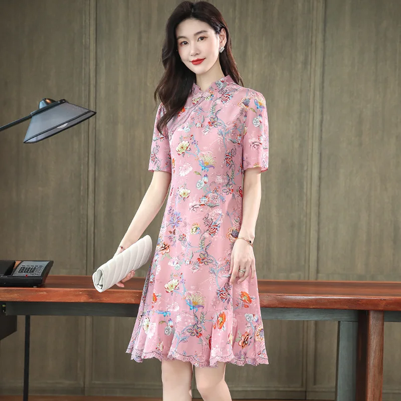 

pink real silk 100% women dress elegant summer slim high quality silk dress