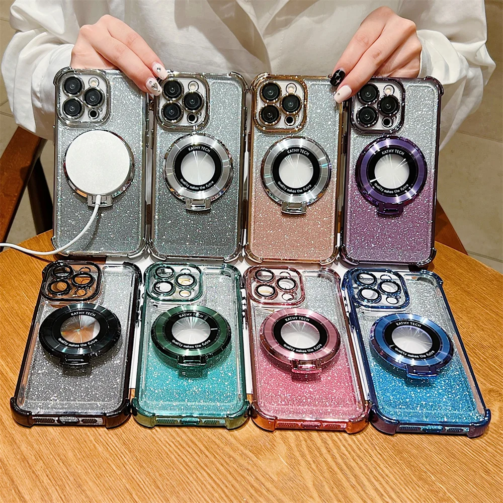 Farbverlauf Glitzer Magnetständer Klare Handyhülle für iPhone 15 14 Plus 13 12 11 Pro Max Bumper Objektivschutz Hard Cover_voghion.com