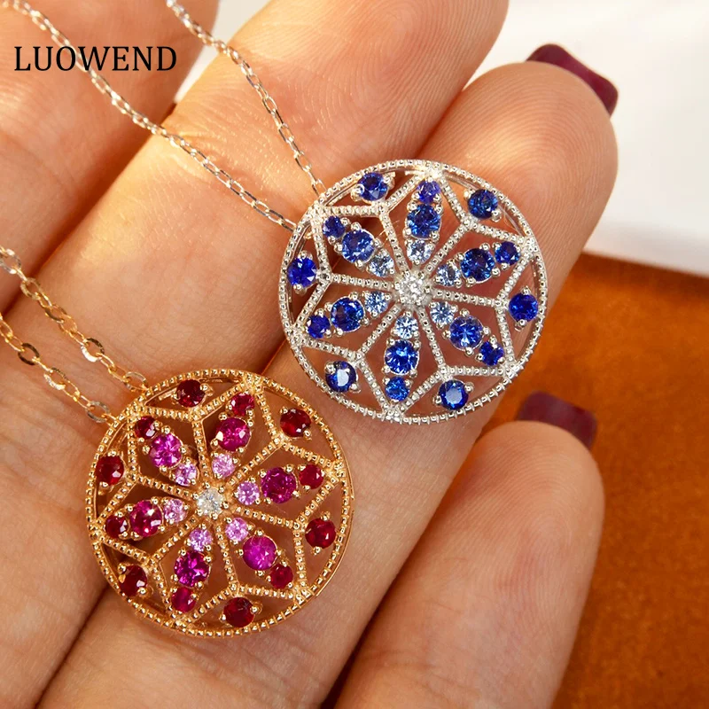 LUOWEND 18K White or Rose Gold Necklace Real Natural Ruby or Sapphire Necklace Vintage Design Diamond Jewelry for Women Wedding