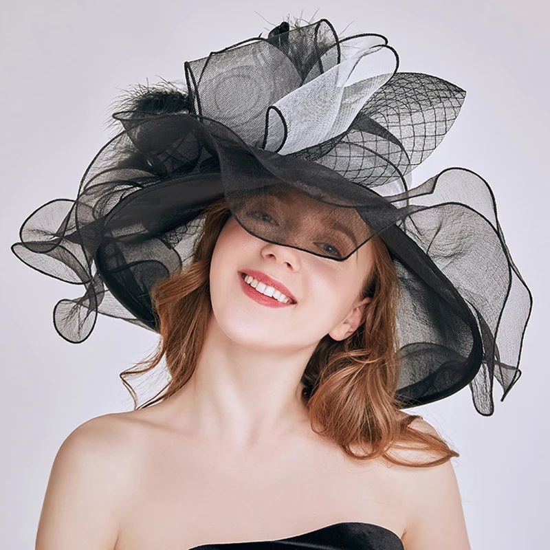 

Summer Organza Kentucky Sun Hats For Women Wide Brim Derby Cap Veil Elegant Flower Feather Wedding Church Party Fedoras Hat 2023