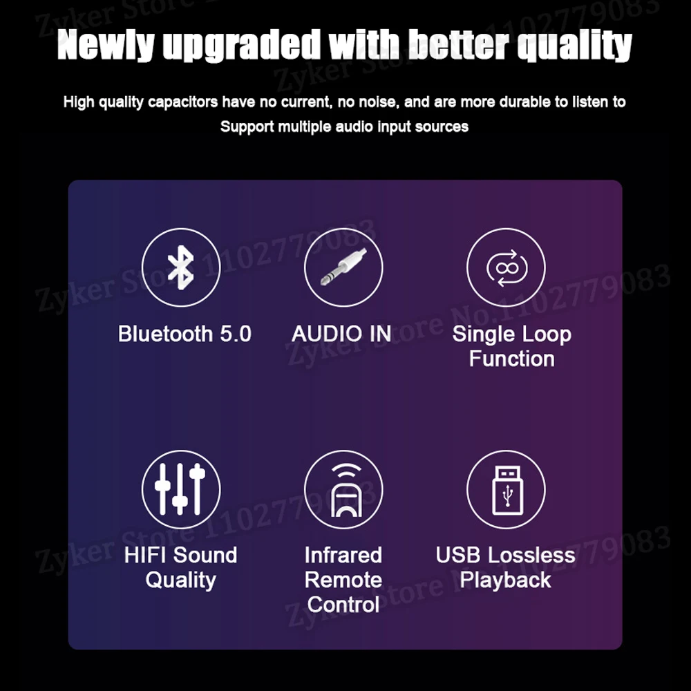 12V Mini Digital Bluetooth 5.0 Power Amplifier Blue Light Stereo Audio Amplifier for Home Theater Car Club Party USB Card FM AMP