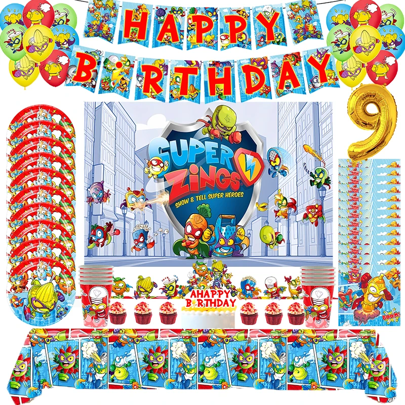 Description Picture 2 of itemNew Superthings Birthday Party Decoration Tableware Supplies Set Banner Cake Topper Balloon Backdrop for Kids Party Decoration