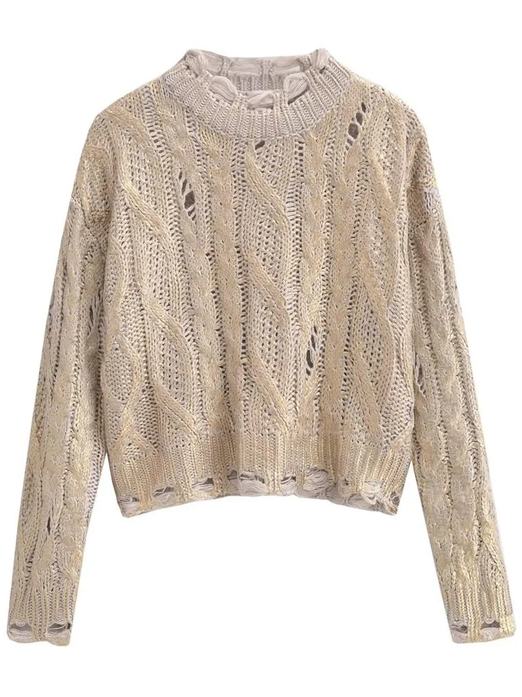 

MESTTRAF Women 2023 Sexy Y2k Round Neck Metallic Color Crochet Knitting SweaterVintage Long Sleeve Loose Jumper Pullover