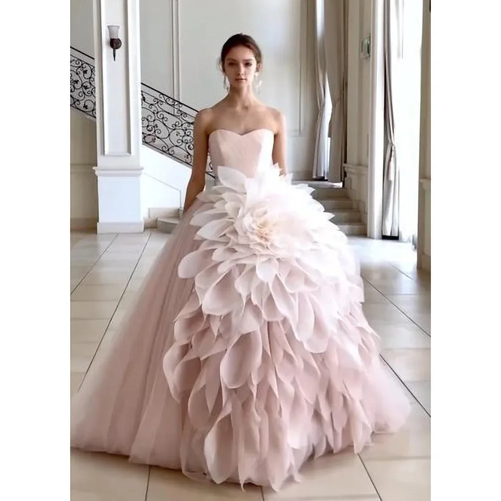 Vestido de noche rosa claro con flores fruncidas, elegante escote Corazón, hasta el suelo plisado, tren de barrido, línea A, vestidos de fiesta, 2023