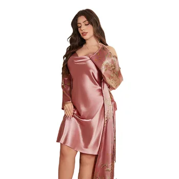 حجم كبير 3XL 4XL 5XL المرأة نايتي و رداء مجموعة مثير ثوب النوم طباعة طويلة البشكير الحمالة فستان النوم فضفاض الحرير الجليد ملابس المنزل 5