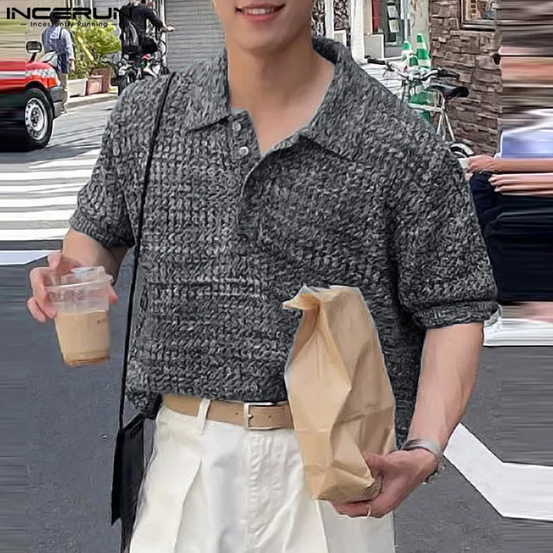 

2024 Men's Shirt Solid Color Lapel Short Sleeve Knitted Fashion Men Clothing Streetwear Loose Korean Casual Shirts S-5XL INCERUN