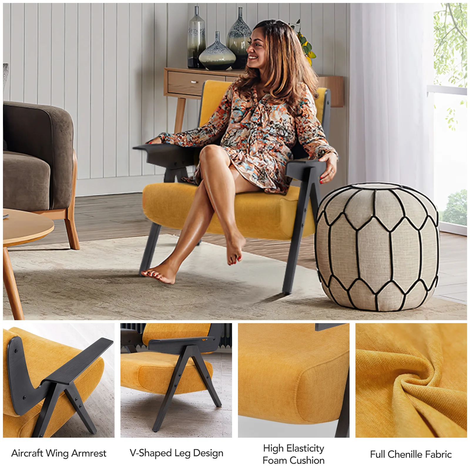 Mid Century Accent Chair Upholstered Armchair with Solid Wood Frames Removable Cushions Retro Leisure Chair for Living Room