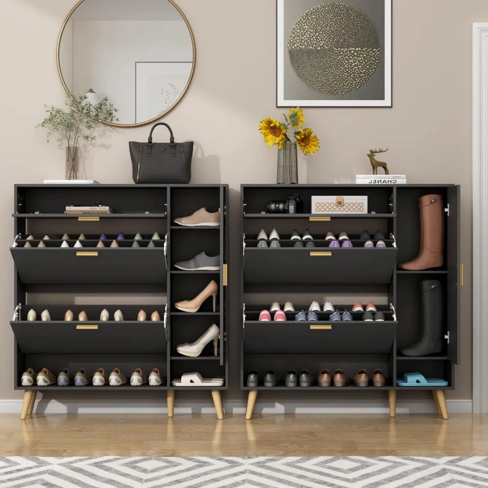 Shoe Rack Cabinet, Free Standing Shoes Storage Organizer Cabinet with 2 Flip Drawers, Entryway Narrow Shoe Rack Storage 3