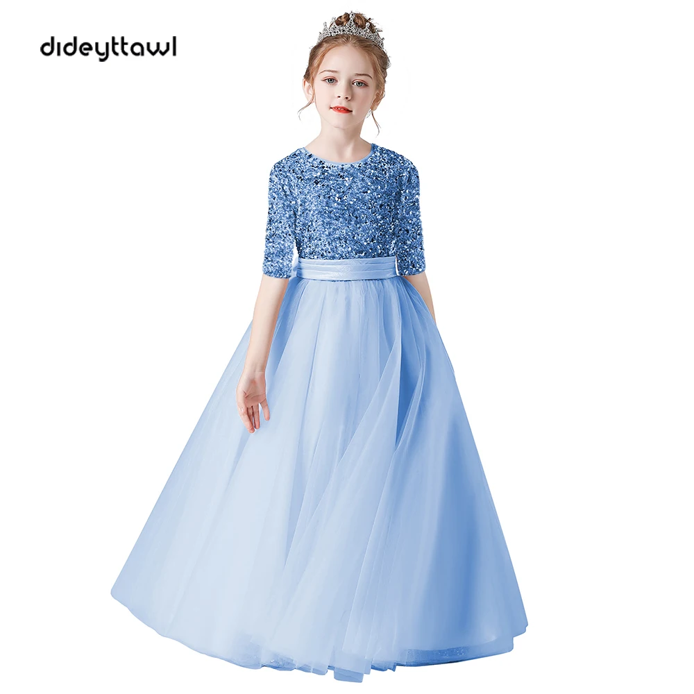 Dideyttawl Half Sleeves Flower Girl Dresses Bridesmaid Sequins Tulle Puffy Skirt Girls Birthday Party Pageant Gown