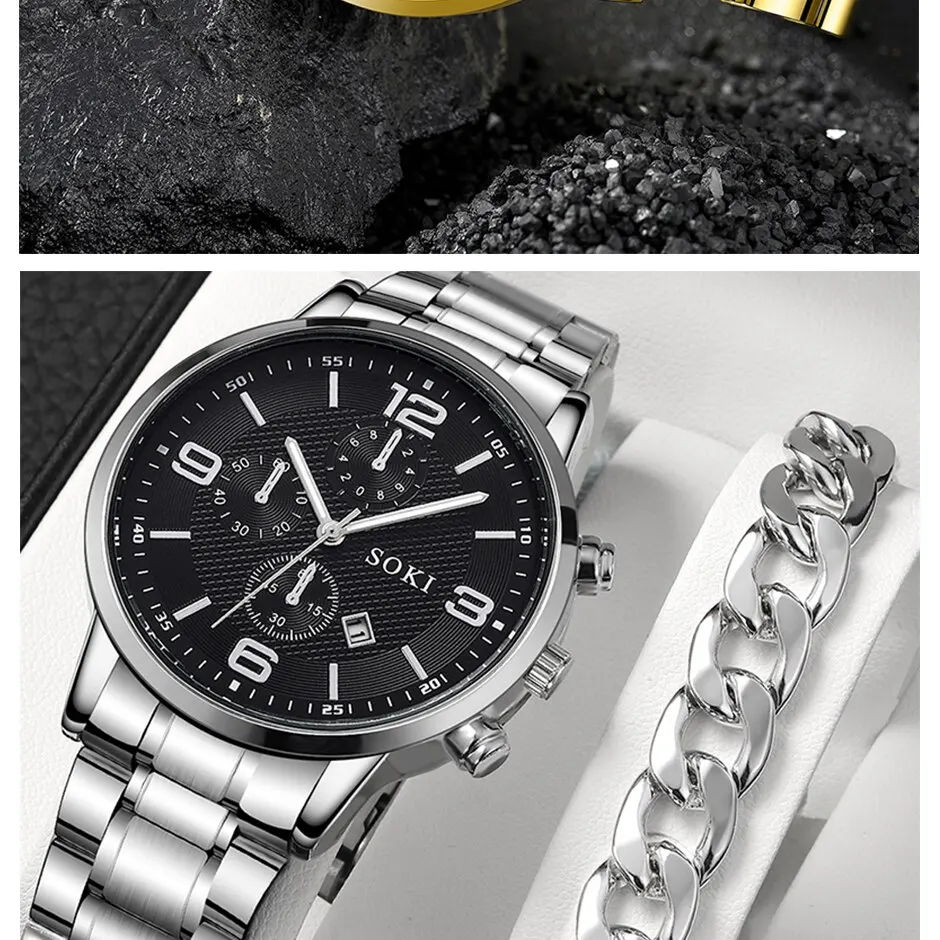 SOKI 2pcs Silver Quartz Watch With Stainless Steel Bracelet For Men Business Fashion Round Calendar Watch Set