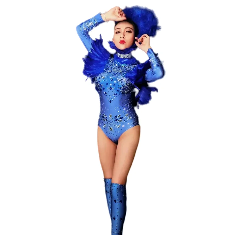 

Blue Feather Crystals Bodysuit Bar Nightclub DJ Singer Stage Performance Costume Sexy Club Party Rave Outfit