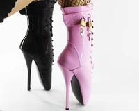 Wonderheel on sale ballet ankle boots 7" Spike High Heel black shiny Ballet shoes locked padlocks sexy Fetish Lacing Calf Boots - Image 6