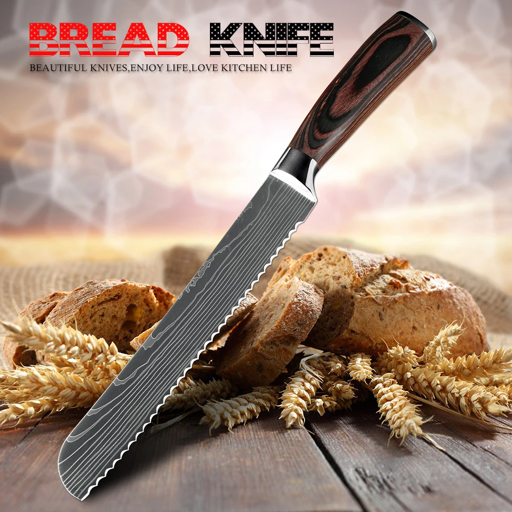 Xituo Kitchen Bread Knife Serrated Design Laser Damascus Stainless Steel Blade 8 Inch Chef