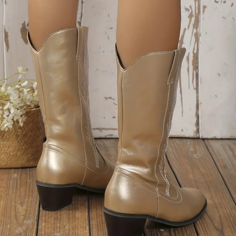 Ladies Shoes on Sale 2023 High Quality Slip on Women's Boots Autumn Pointed Toe Solid Mid-Calf Chunky Heels Zapatillas De Mujer